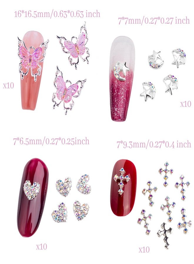 Mocomfor Bling Nail Charms Pink 3D Nail Charms and Gems Aurora Butterfly Cute Silver Cross Star Charms Chrome Heart Silver Y2K Nail Gems with Rhinestones Metallic Nail Art Accessories - Image 2
