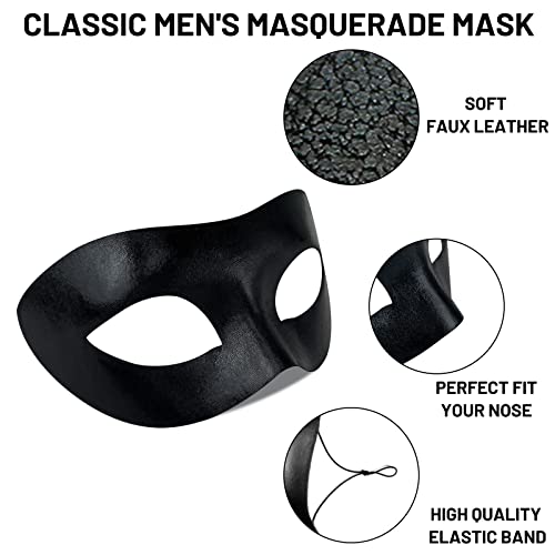 IncreDecor Masquerade Mask For Men, Mardi Gras Mask Halloween Venetian, Mens Black Faux Leather Design (Gentle Man) - Image 3