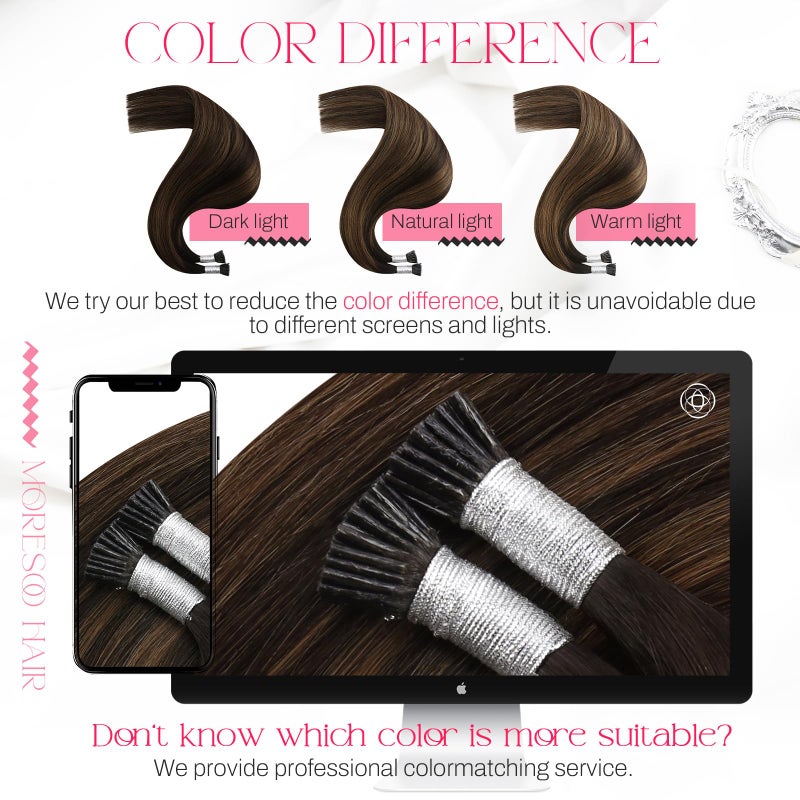 Moresoo Brown Itip Hair Extensions Balayage Darkest Brown I Tip Hair Extensions Human Hair for Women Soft Fit Any Occasions 50S 40G 18 Inch - Image 5