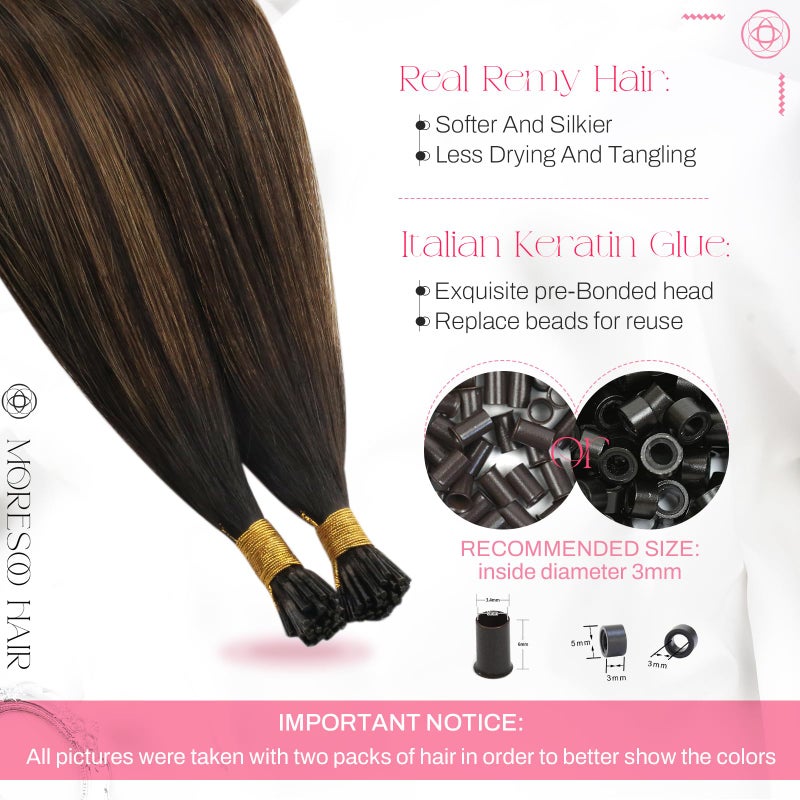 Moresoo Brown Itip Hair Extensions Balayage Darkest Brown I Tip Hair Extensions Human Hair for Women Soft Fit Any Occasions 50S 40G 18 Inch - Image 3
