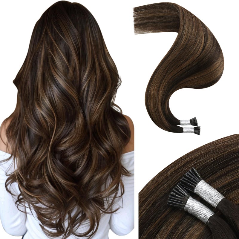 Moresoo Brown Itip Hair Extensions Balayage Darkest Brown I Tip Hair Extensions Human Hair for Women Soft Fit Any Occasions 50S 40G 18 Inch - Image 1