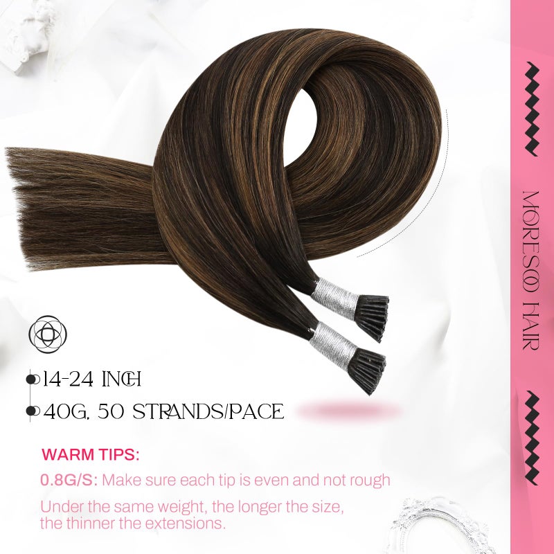 Moresoo Brown Itip Hair Extensions Balayage Darkest Brown I Tip Hair Extensions Human Hair for Women Soft Fit Any Occasions 50S 40G 18 Inch - Image 2