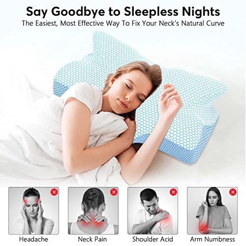 Anvo Cervical Neck Pillow for Neck and Shoulder Pain - Memory Foam Pillows for Pain Relief Sleeping, Contour Orthopedic for Side Back Stomach Sleeper, Blue Firm - Image 3