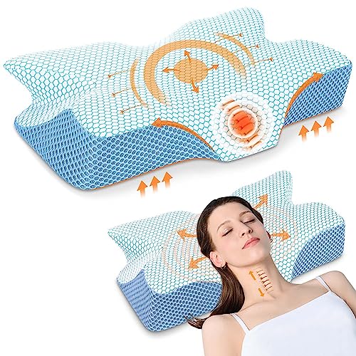 Anvo Cervical Neck Pillow for Neck and Shoulder Pain - Memory Foam Pillows for Pain Relief Sleeping, Contour Orthopedic for Side Back Stomach Sleeper, Blue Firm - Image 1