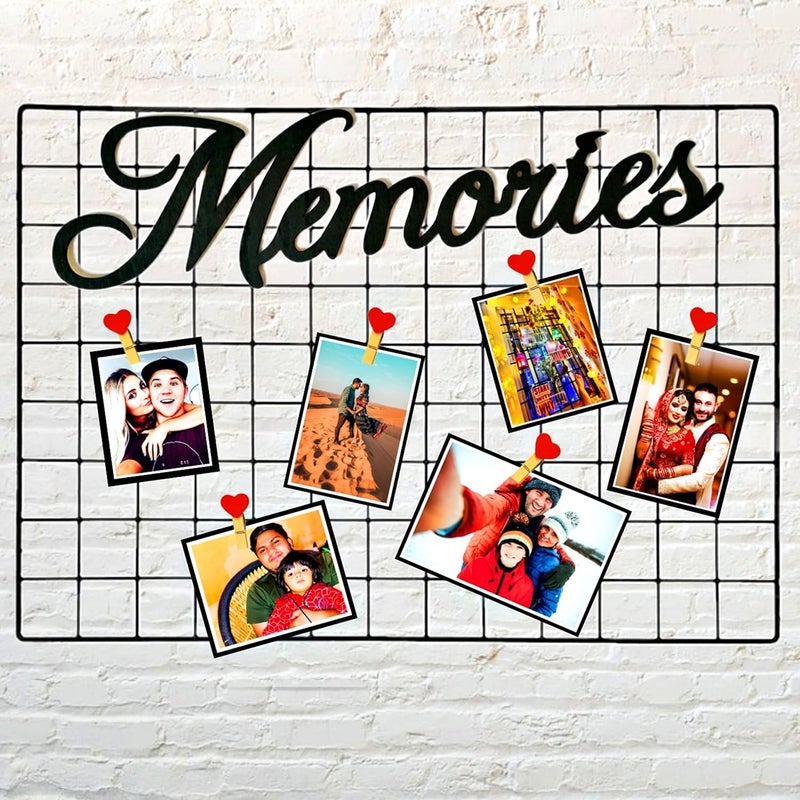 CreativeBuzz Steel Grid Photo Frame For Wall With 10 Wooden Clips DIY Mesh Wire Frame Grid Of Metal Hanging Aesthetic Moments Photo Wall Décor for Home Living Room and office (Black) - Image 1