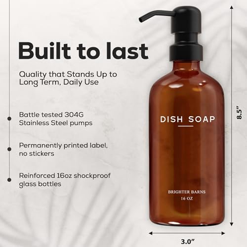 Brighter Barns Amber Glass Hand and Dish Soap Dispenser Set by Brighter Barns - Modern Kitchen Decor & Accessories for Airbnb, RV, Office, Housewarming Gifts (Amber) - Image 3