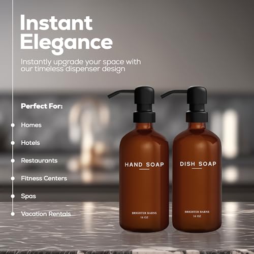 Brighter Barns Amber Glass Hand and Dish Soap Dispenser Set by Brighter Barns - Modern Kitchen Decor & Accessories for Airbnb, RV, Office, Housewarming Gifts (Amber) - Image 2