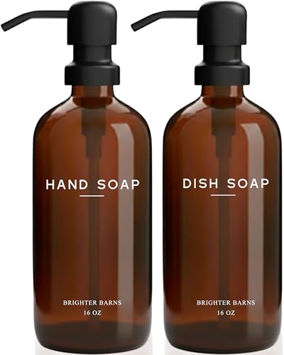 Brighter Barns Amber Glass Hand and Dish Soap Dispenser Set by Brighter Barns - Modern Kitchen Decor & Accessories for Airbnb, RV, Office, Housewarming Gifts (Amber) - Image 1