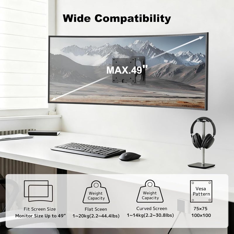 PUTORSEN Monitor Wall Mount for 17-49" Ultrawide Screens up to 20KG,Full Motion&Ultra Slim VESA Wall Mount with Swivel,Tilt & Rotation,VESA 75x75 & 100x100,Black - Image 2
