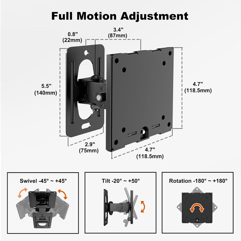 PUTORSEN Monitor Wall Mount for 17-49" Ultrawide Screens up to 20KG,Full Motion&Ultra Slim VESA Wall Mount with Swivel,Tilt & Rotation,VESA 75x75 & 100x100,Black - Image 3