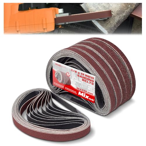 makiwork 3/8 x 13 Inch 10 x 330 mm Sanding Belts Set - 60-Pack with 40/60/80/120/150/240 Grits, Aluminum Oxide Abrasive Belts for Woodworking - Image 1