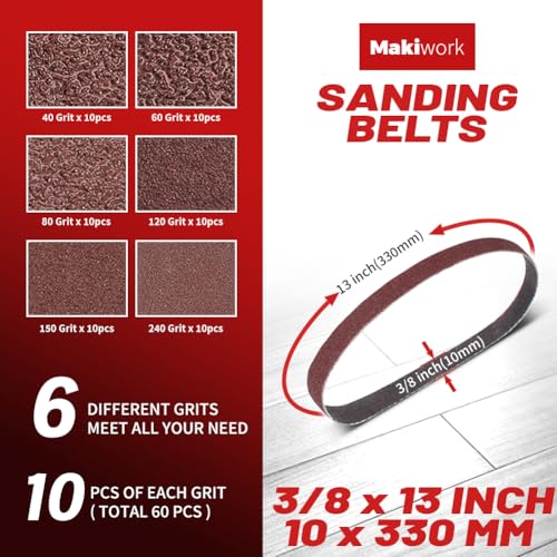 makiwork 3/8 x 13 Inch 10 x 330 mm Sanding Belts Set - 60-Pack with 40/60/80/120/150/240 Grits, Aluminum Oxide Abrasive Belts for Woodworking - Image 2