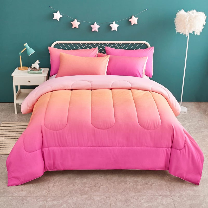 Yogeneg Rainbow Kids Comforter Sets FullQueen Size for Teen Girl Boys Women Pink Orange Ombre Comforter with 2 Pillowcase Microfiber 3 Piece Bedding SetAll Season Rainbow D Queen