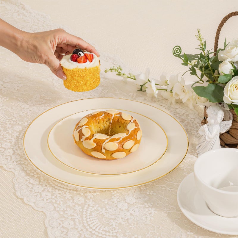 PULOTE 60 PCS Ivory Plastic Plates - Cream Plastic Disposable Include 30 Dinner and 30 Dessert Plates with Gold Rim - Ideal for Party & Wedding - Image 3