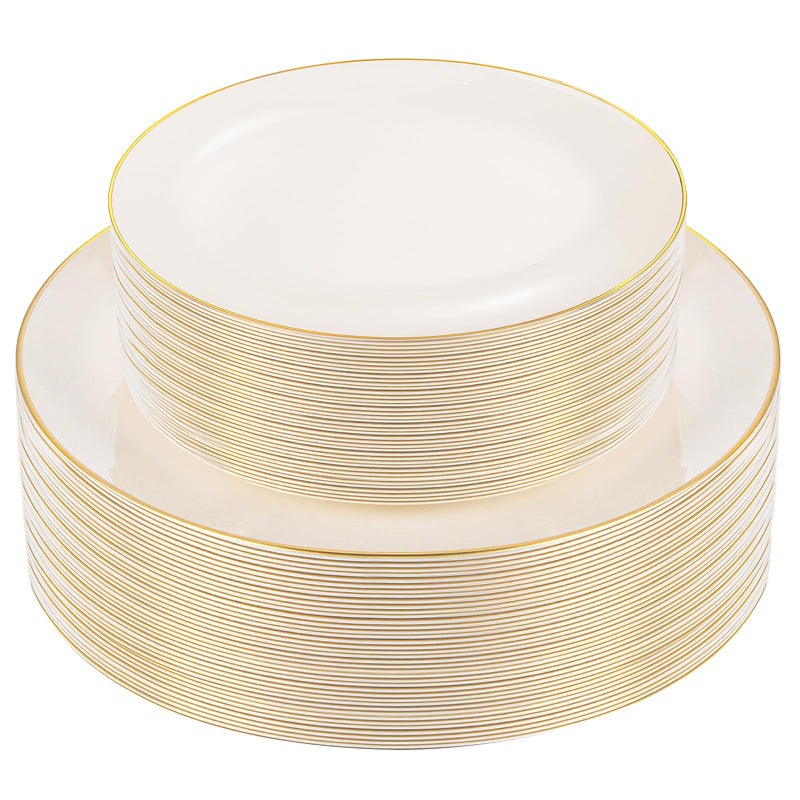 PULOTE 60 PCS Ivory Plastic Plates - Cream Plastic Disposable Include 30 Dinner and 30 Dessert Plates with Gold Rim - Ideal for Party & Wedding - Image 1