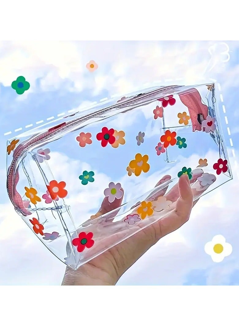 LANGMANNI Transparent Flower Pencil Case - Portable Cosmetic Bag with Cartoon Design - Image 1