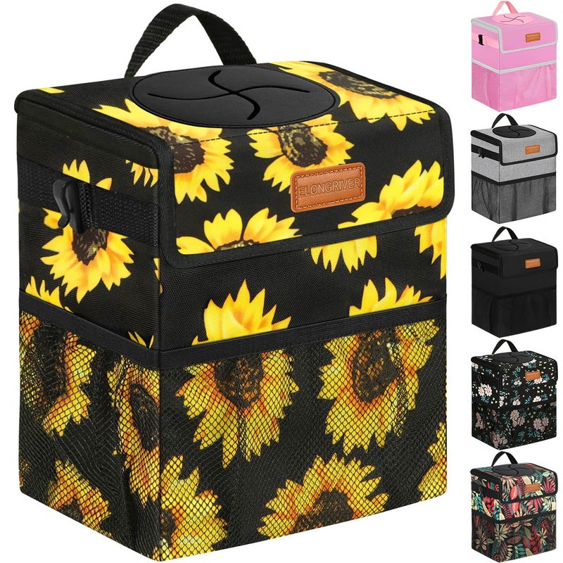 ELONGRIVER Car Trash Can Bin for Back Seat Leak Proof, Cute Car Trash Bag Hanging, Vehicle Trash Can for SUV Truck Van, Automotive Garbage Cans Front Seat Sunflower Floral - Image 1