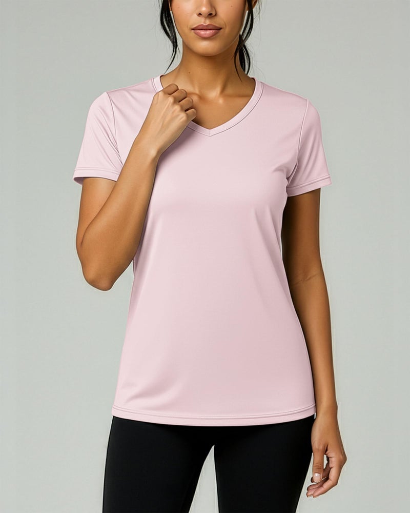 REALESSENTIALS Real Essentials 5 Pack: Women's Dry Fit Short Sleeve V Neck Workout Top - Fitness Pilates Gym Athletic Yoga T-Shirt (Plus Available), Set 6, L - Image 3