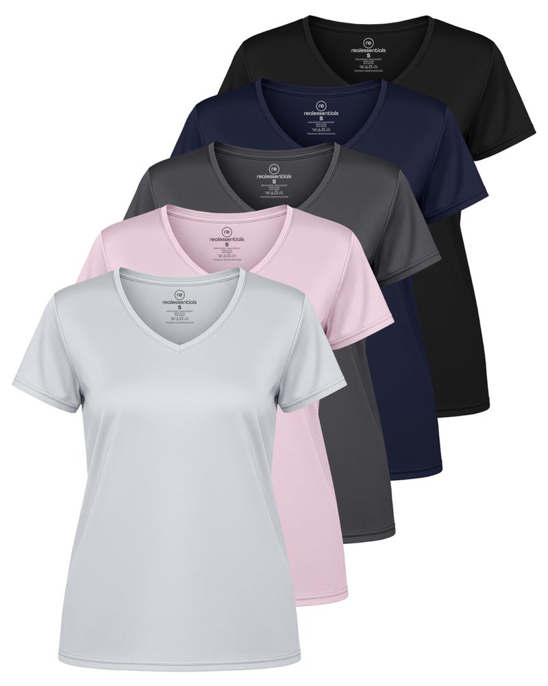 REALESSENTIALS Real Essentials 5 Pack: Women's Dry Fit Short Sleeve V Neck Workout Top - Fitness Pilates Gym Athletic Yoga T-Shirt (Plus Available), Set 6, L - Image 1