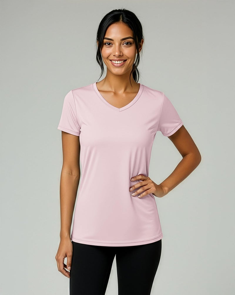 REALESSENTIALS Real Essentials 5 Pack: Women's Dry Fit Short Sleeve V Neck Workout Top - Fitness Pilates Gym Athletic Yoga T-Shirt (Plus Available), Set 6, L - Image 2