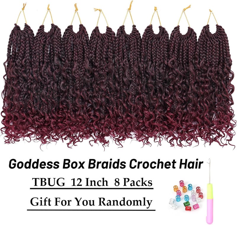 Eerya Goddess Box Braids Crochet Hair 12 Inch 8 Packs Pre-looped Bohemian Crochet Boho Box Braids With Curly Ends Red Burgundy 3X Crochet Braids Hair for Women Synthetic Braiding (12 inch, TBUG) - Image 2