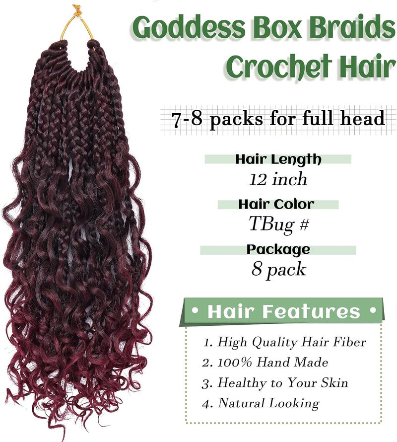 Eerya Goddess Box Braids Crochet Hair 12 Inch 8 Packs Pre-looped Bohemian Crochet Boho Box Braids With Curly Ends Red Burgundy 3X Crochet Braids Hair for Women Synthetic Braiding (12 inch, TBUG) - Image 3