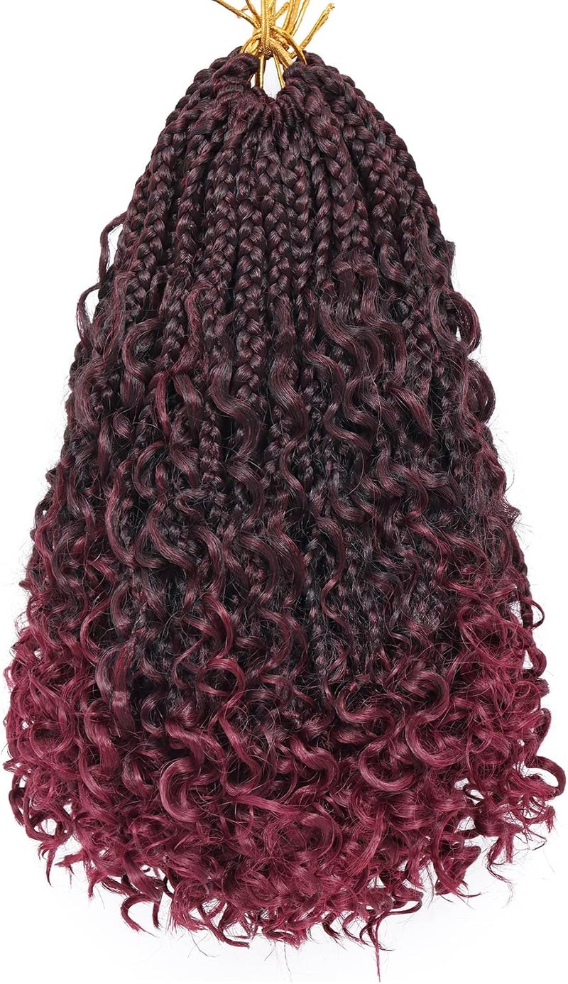 Eerya Goddess Box Braids Crochet Hair 12 Inch 8 Packs Pre-looped Bohemian Crochet Boho Box Braids With Curly Ends Red Burgundy 3X Crochet Braids Hair for Women Synthetic Braiding (12 inch, TBUG) - Image 1
