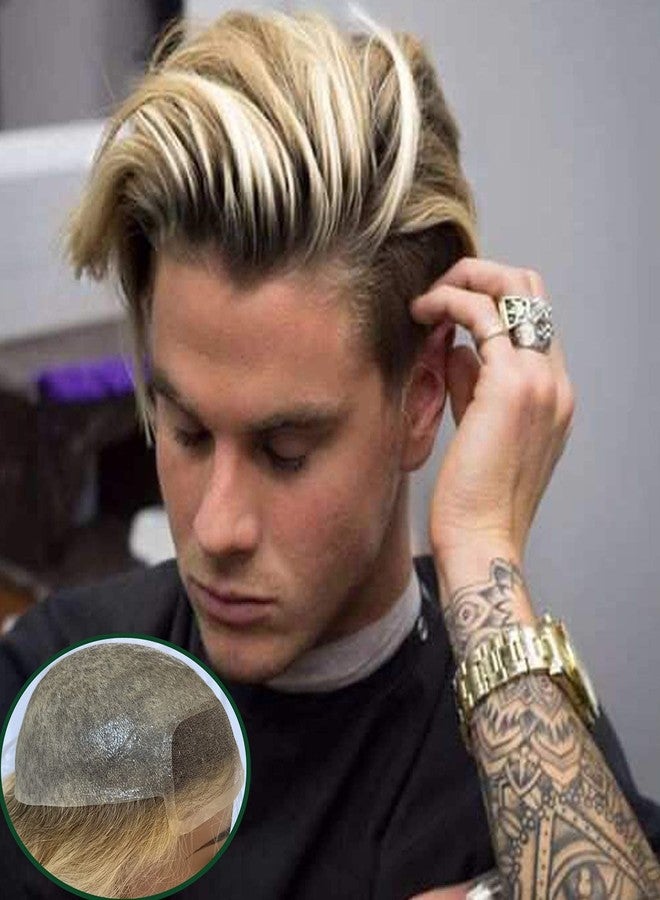 Voloria Toupee for Men 100% European Human Hair Swiss Lace Front Natural Hairline Hair Pieces 0.08mm Thin Skin PU V-looped Men's Hair Replacement System 8x10 Inches #4 Ombre Blonde Color - Image 1