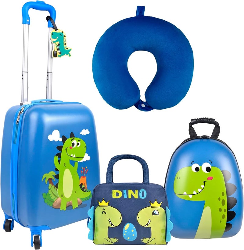 QZUnique Dinosaur Kids Luggage Suitcase Set  5 Piece Upright Kids Carry on Luggage with Wheels Set Dinosaur Hard Shell Backpack Neck Pillow Lunch Bag Luggage Tag Hardside Spinner Rolling Suitcase for Travel  - Image 1