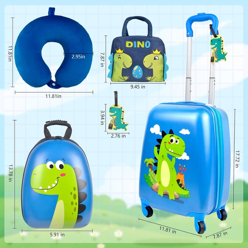 QZUnique Dinosaur Kids Luggage Suitcase Set  5 Piece Upright Kids Carry on Luggage with Wheels Set Dinosaur Hard Shell Backpack Neck Pillow Lunch Bag Luggage Tag Hardside Spinner Rolling Suitcase for Travel  - Image 2