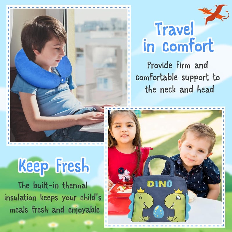 QZUnique Dinosaur Kids Luggage Suitcase Set  5 Piece Upright Kids Carry on Luggage with Wheels Set Dinosaur Hard Shell Backpack Neck Pillow Lunch Bag Luggage Tag Hardside Spinner Rolling Suitcase for Travel  - Image 5