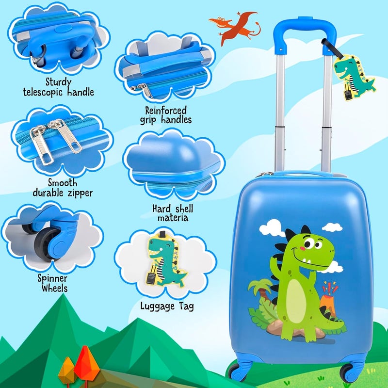 QZUnique Dinosaur Kids Luggage Suitcase Set  5 Piece Upright Kids Carry on Luggage with Wheels Set Dinosaur Hard Shell Backpack Neck Pillow Lunch Bag Luggage Tag Hardside Spinner Rolling Suitcase for Travel  - Image 3