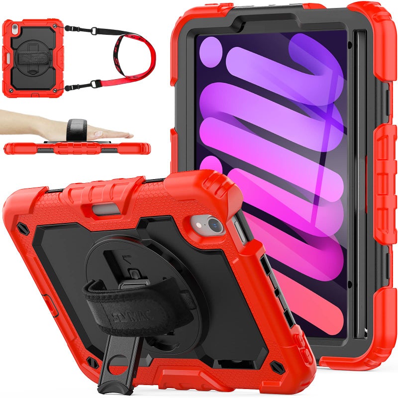 SEYMAC stock Case for iPad mini 7 (A17 Pro) 2024/ Mini 6 8.3'' with Screen Protector Pencil Holder [360 Rotating Hand Strap] &Stand, Drop-Proof Case for iPad mini 7th/6th Generation 8.3", Black+Red - Image 1