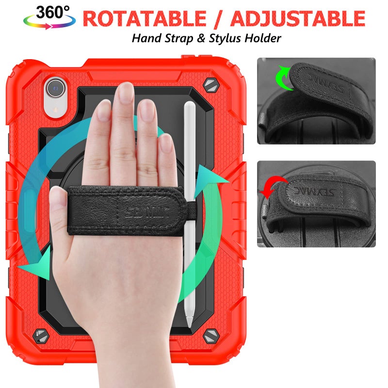 SEYMAC stock Case for iPad mini 7 (A17 Pro) 2024/ Mini 6 8.3'' with Screen Protector Pencil Holder [360 Rotating Hand Strap] &Stand, Drop-Proof Case for iPad mini 7th/6th Generation 8.3", Black+Red - Image 2