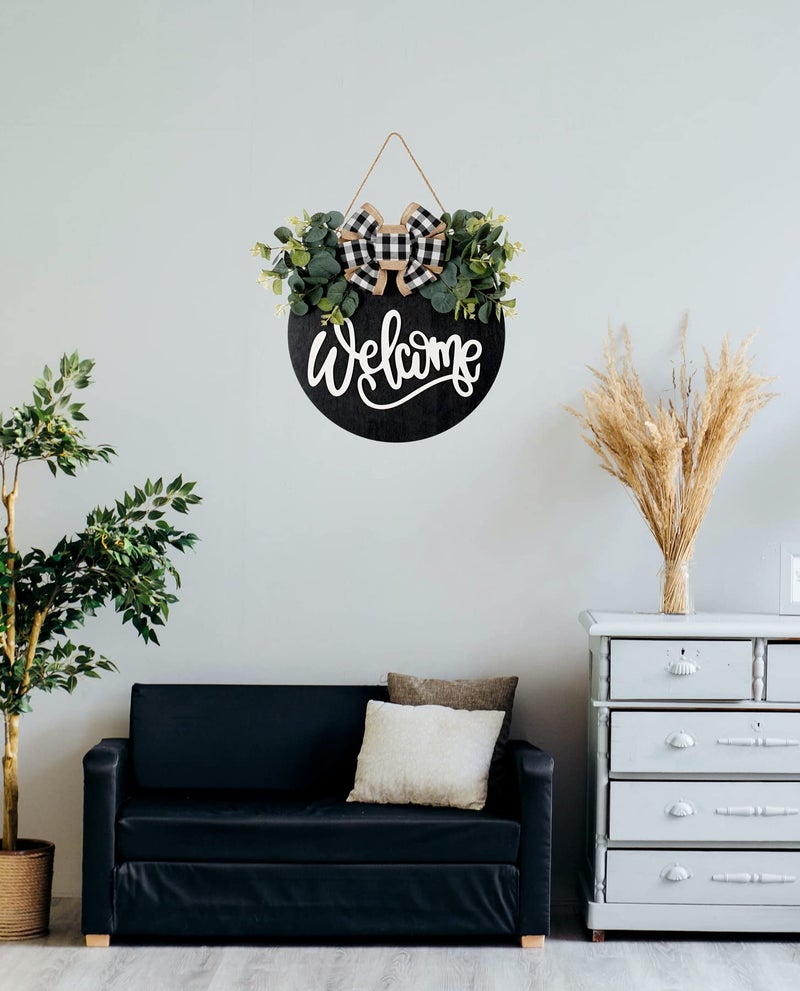 YILOUR Welcome Sign for Front Door Porch Decor Farmhouse Wreath Wall Decor Î¦30cm Round Wooden Hanging Housewarming Home Decor for Home Outdoor Indoor (Black) - Image 3