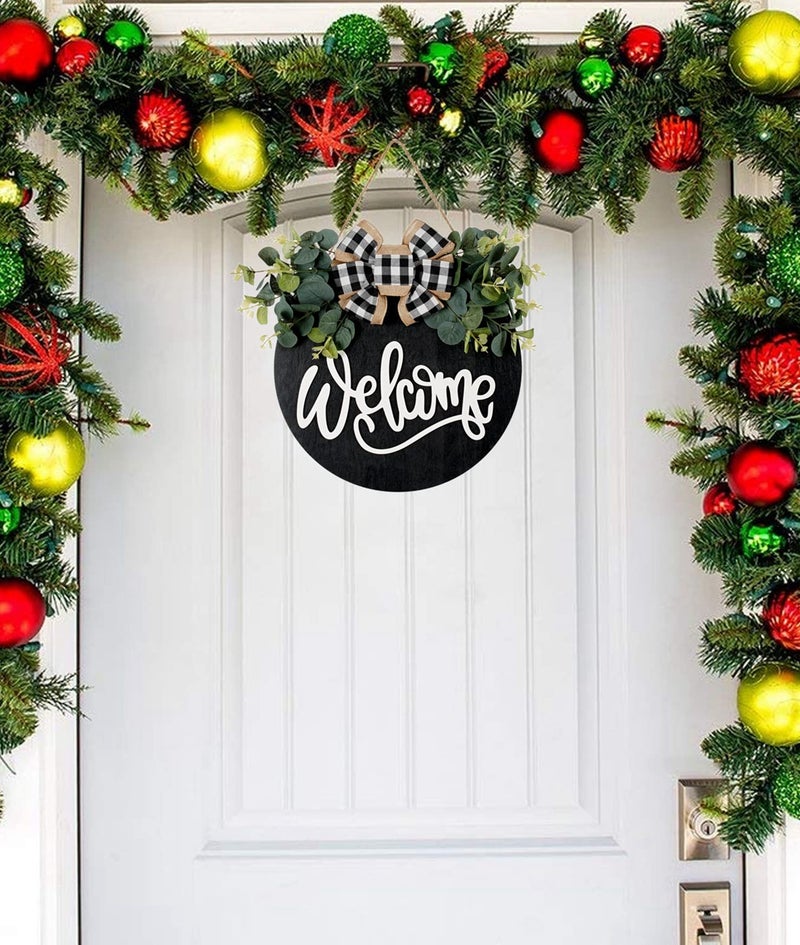 YILOUR Welcome Sign for Front Door Porch Decor Farmhouse Wreath Wall Decor Î¦30cm Round Wooden Hanging Housewarming Home Decor for Home Outdoor Indoor (Black) - Image 2