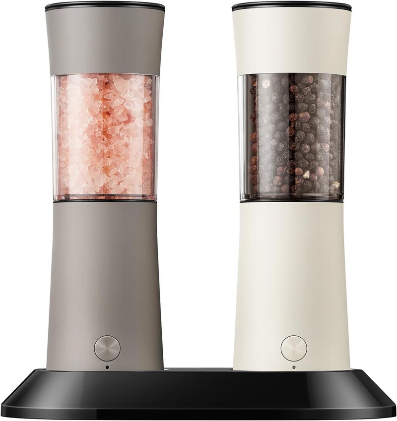 CULINARY FUN Gravity Electric Salt and Pepper Grinder Set – Rechargeable Pepper Mill with USB-C Charging Base, Dual LED Light, Automatic One-Handed Mill for Kitchen & Cooking, Cream Brown Design, 2 Pack - Image 1