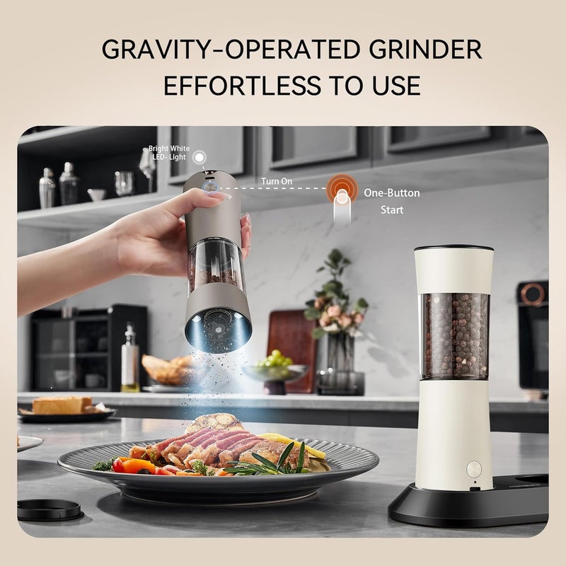 CULINARY FUN Gravity Electric Salt and Pepper Grinder Set – Rechargeable Pepper Mill with USB-C Charging Base, Dual LED Light, Automatic One-Handed Mill for Kitchen & Cooking, Cream Brown Design, 2 Pack - Image 2
