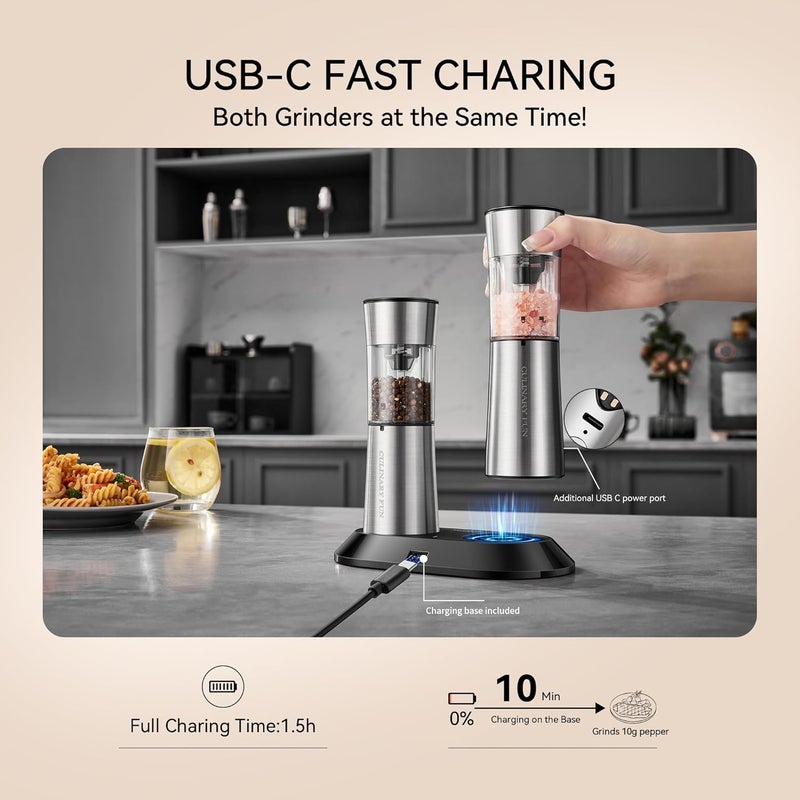 CULINARY FUN Gravity Electric Salt and Pepper Grinder Set – Rechargeable Pepper Mill with USB-C Charging Base, Dual LED Light, Automatic One-Handed Mill for Kitchen & Cooking, Cream Brown Design, 2 Pack - Image 5