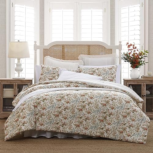 Laura Ashley Queen Comforter Set Reversible Cotton Bedding with Matching Shams Floral Home Decor with Plaid Reverse Bramble Floral Beige Queen - Image 1