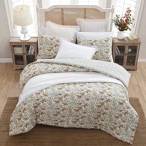 Laura Ashley Queen Comforter Set Reversible Cotton Bedding with Matching Shams Floral Home Decor with Plaid Reverse Bramble Floral Beige Queen - Image 3