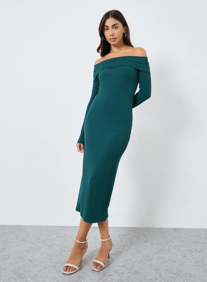 Styli Styli Teal Ribbed Off Shoulder Midi Dress