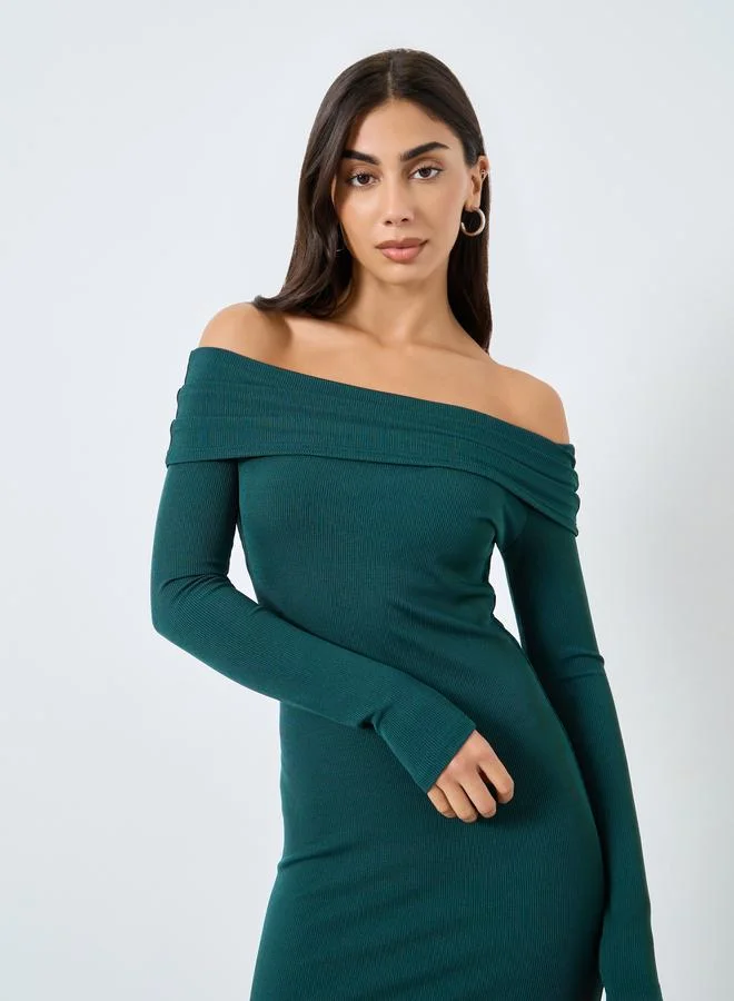 Styli Styli Teal Ribbed Off Shoulder Midi Dress