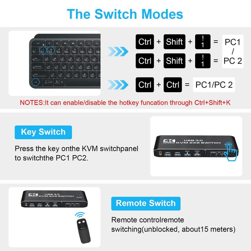 Tobo HDMI 2.0 KVM Switch with 3.5mm Jack Audio Output, USB 3.0 KVM Switch 2x2 for 2 Computers and 2 Monitors 4K@60Hz with 3 Display Method,Hot Key Switching,IR Control-TD-966H - Image 5