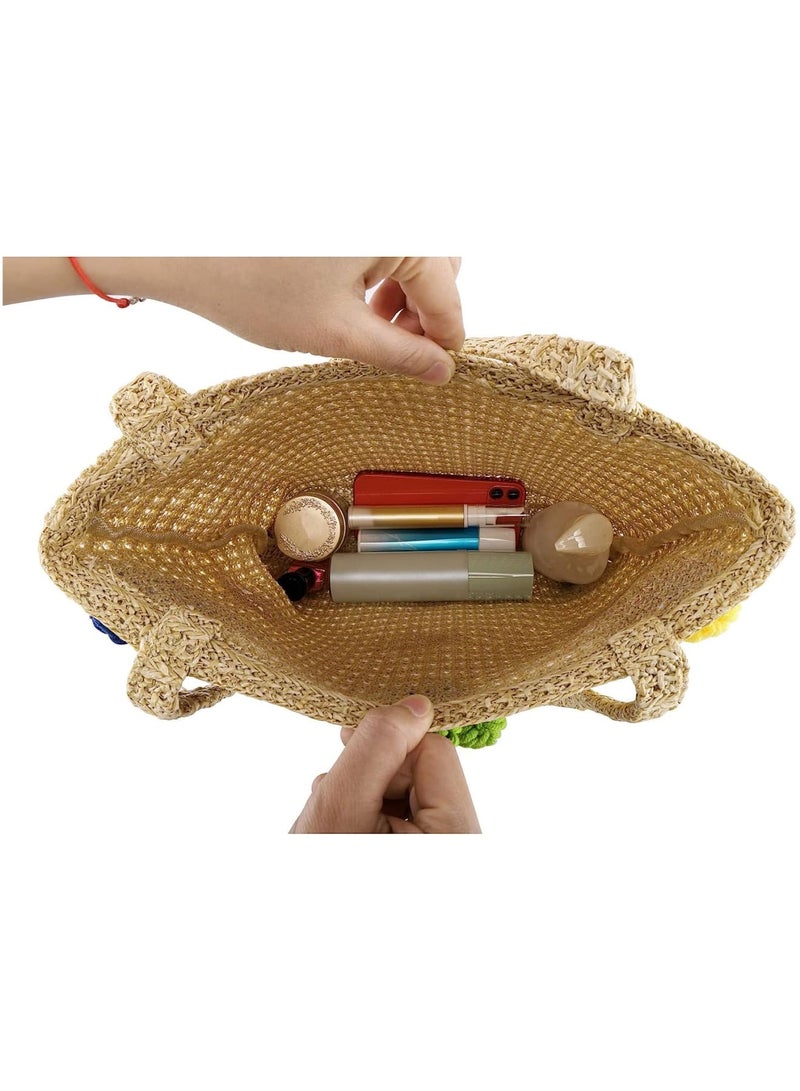 Zikra Summer Beach Straw Bag Flower Cotton Crochet Woven, Womens Hand-woven Shoulder Bag Handbag Large - Image 5