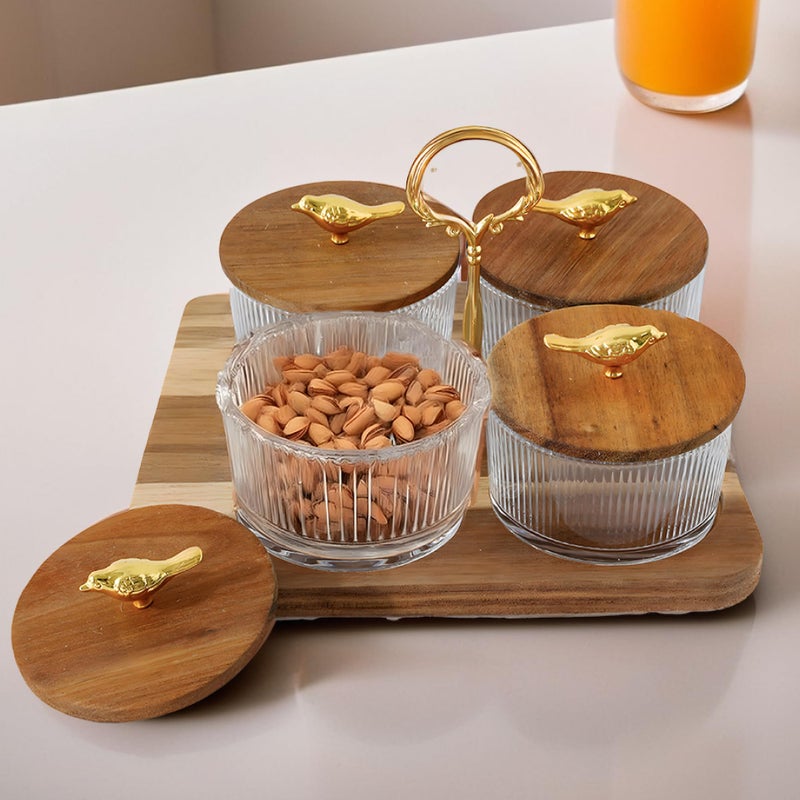 The Better Home Platters Serving Set for Snacks with Wooden Tray & 4 Jars (160ml Each) | Premium Soda Lime Glass | Snacks Serving Bowls with Tray | Serving Tray with Bowls for Snacks - Image 2