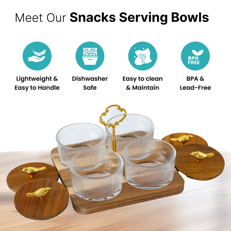 The Better Home Platters Serving Set for Snacks with Wooden Tray & 4 Jars (160ml Each) | Premium Soda Lime Glass | Snacks Serving Bowls with Tray | Serving Tray with Bowls for Snacks - Image 3