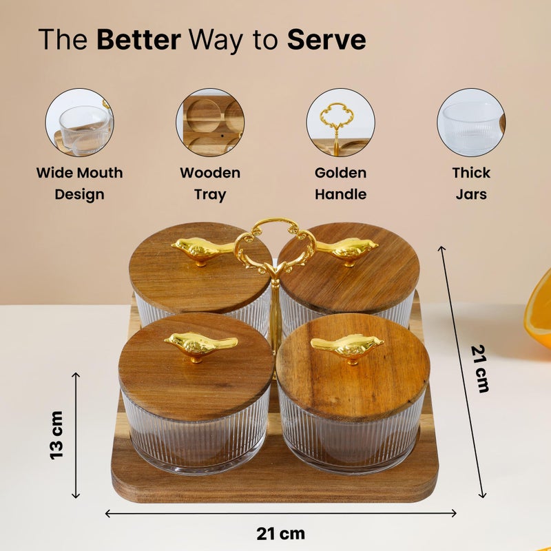 The Better Home Platters Serving Set for Snacks with Wooden Tray & 4 Jars (160ml Each) | Premium Soda Lime Glass | Snacks Serving Bowls with Tray | Serving Tray with Bowls for Snacks - Image 4