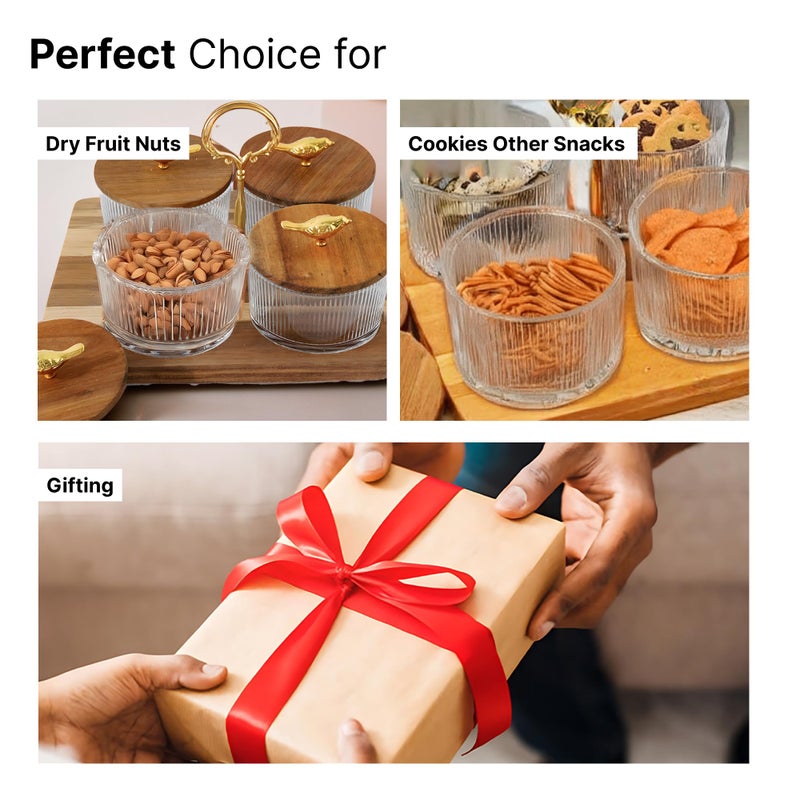 The Better Home Platters Serving Set for Snacks with Wooden Tray & 4 Jars (160ml Each) | Premium Soda Lime Glass | Snacks Serving Bowls with Tray | Serving Tray with Bowls for Snacks - Image 5