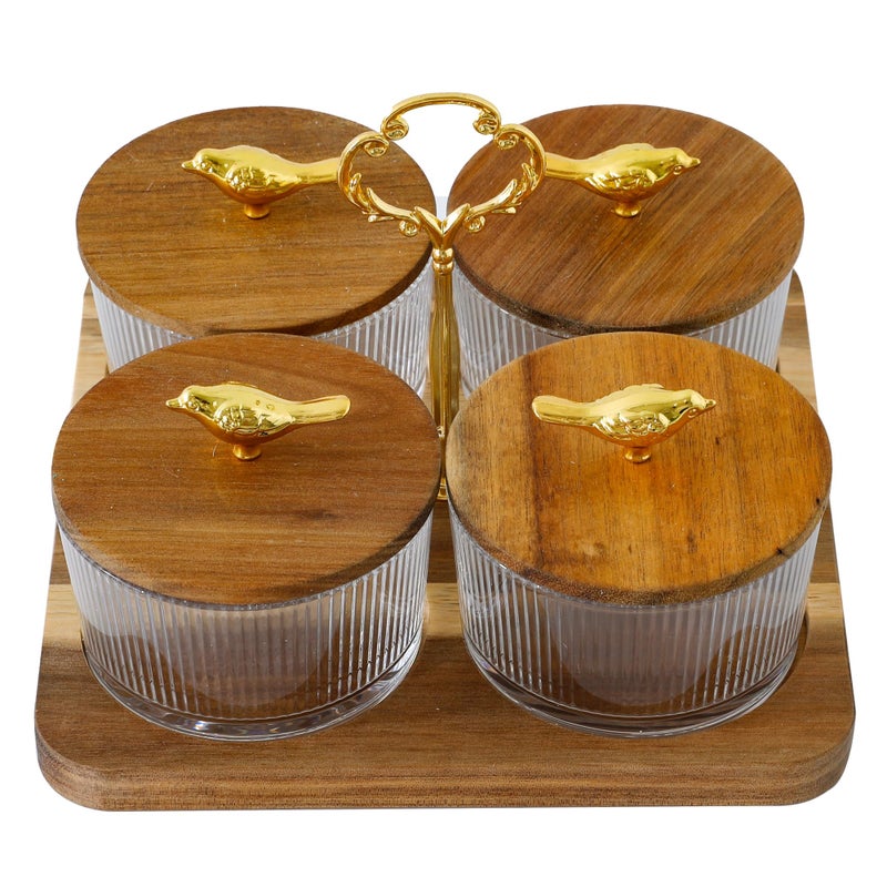 The Better Home Platters Serving Set for Snacks with Wooden Tray & 4 Jars (160ml Each) | Premium Soda Lime Glass | Snacks Serving Bowls with Tray | Serving Tray with Bowls for Snacks - Image 1